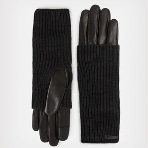 AllSaints Women Black Knit Cuff Leather Gloves